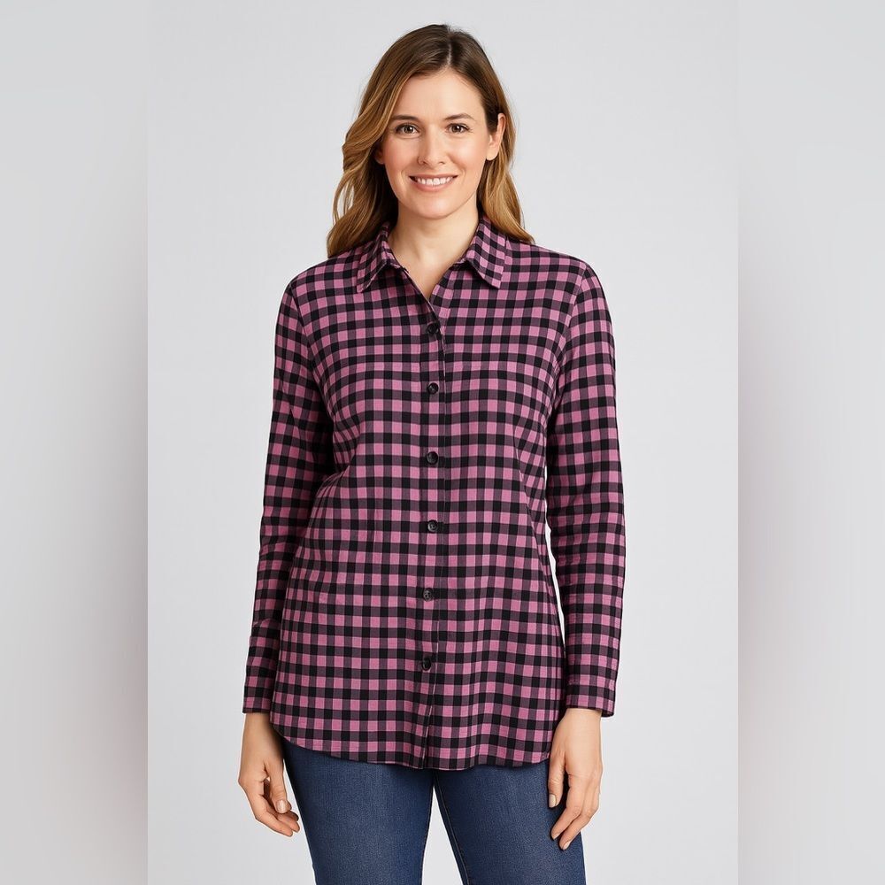 Shana Pink And Black Checkered Printed Back Shirt With Pockets Size L